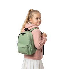 Happy blonde girl with ponytail and green backpack smiles, looking back over shoulder