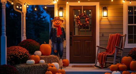 Obraz premium Cozy autumn porch welcomes trick-or-treaters with glowing lights, pumpkins, and scarecrow
