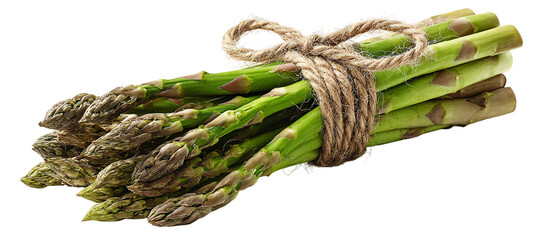 Fresh asparagus tied with twine isolated on transparent background, close up