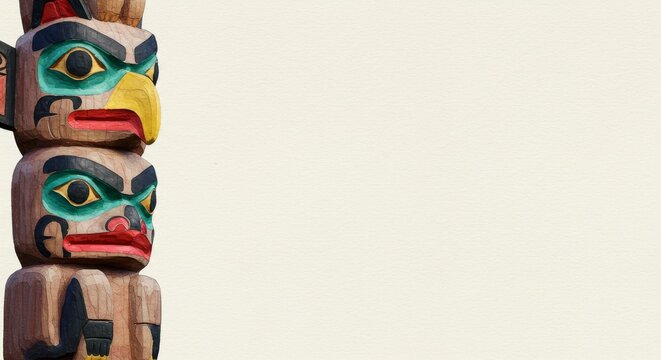 Traditional Native American totem pole carved from wood. Indigenous culture and tribal art representation. National Native American Heritage Month concept.