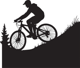 Obraz premium Black silhouette of man riding mountain bike downhill