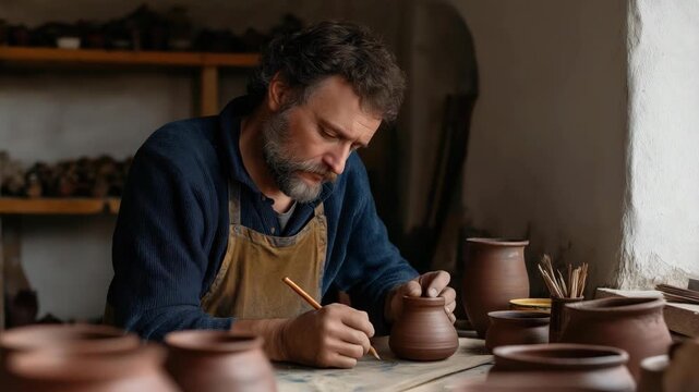 An artisan focuses intently on shaping clay into beautiful pottery, showcasing the skill and creativity involved in traditional craftsmanship in a warm, inviting studio setting.