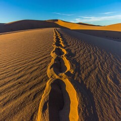 Footprints in golden sand dunes at sunset