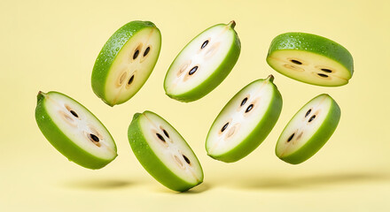 Sliced Feijoa Fruit Fresh Green Acca Sellowiana Halves with Seeds.