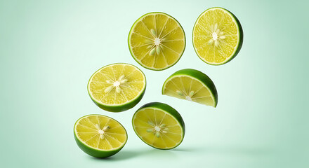 Sliced Fresh Limes Scattered on a Light Green Background.
