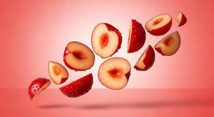Sliced Fresh Plums Floating Against a Pink Background.