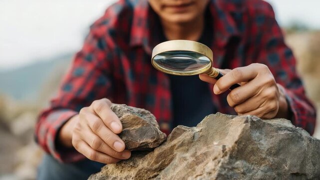 A focused geologist examining rock samples with a magnifying glass, illustrating the intricate details and textures that reveal the Earth's geological history and formations.
