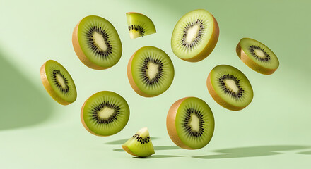 Sliced Kiwi Fruit Fresh Green and Nutritious Floating Composition.