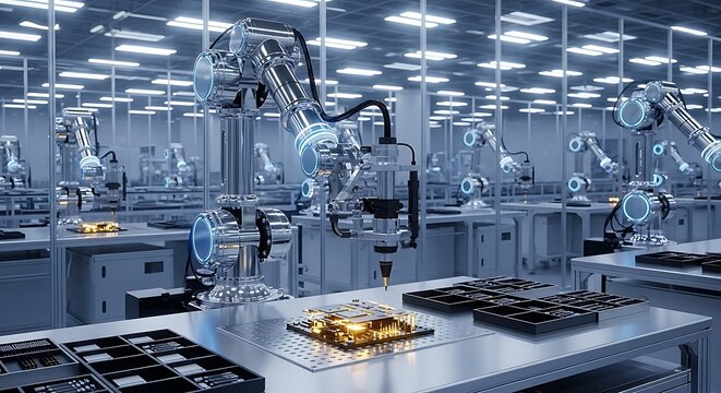 Robotic arms assembling electronic circuit board in a clean factory assembly line electronics