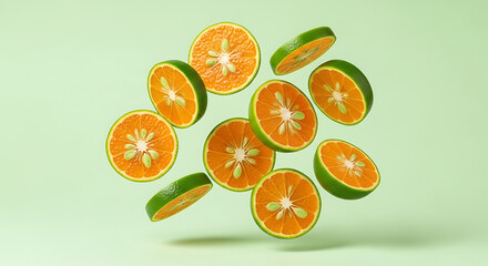 Sliced Oranges and Orange Slices Floating MidAir.