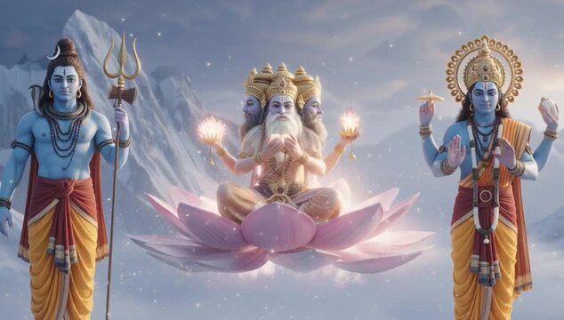 Lord Vishnu sits on a lotus with Shiva and Brahma beside him, radiating divine power, cosmic harmony, and cinematic grandeur.