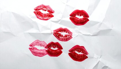 Lipstick kiss prints on crumpled paper