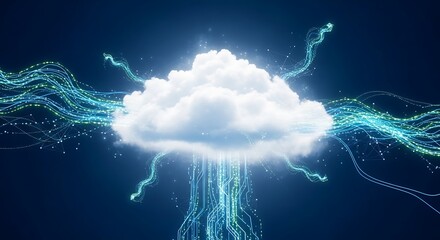 White cloud with glowing blue and green data streams against dark blue background cloud computing technology