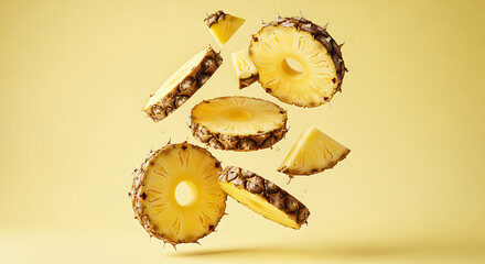 Sliced Pineapple Rings and Wedges in MidAir.