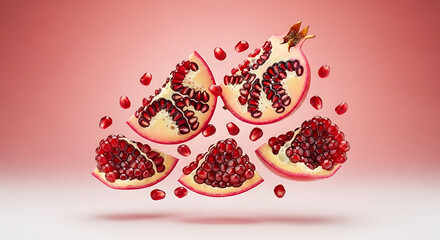 Sliced Pomegranate Segments with Seeds on Pink Background Fresh and Juicy.