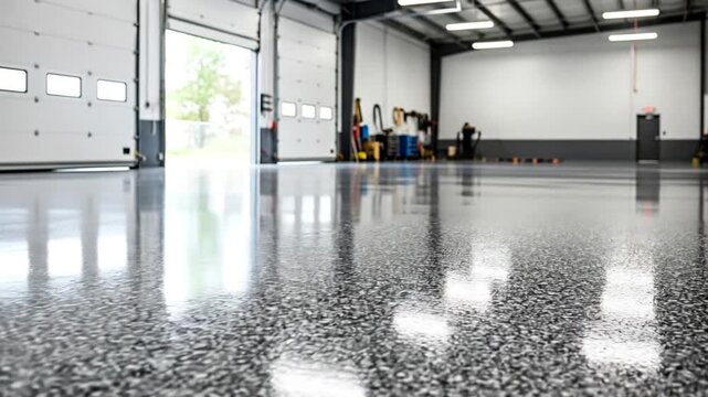 Sleek epoxy flooring in warehouse, seamless speckled surface, modern industrial aesthetic.