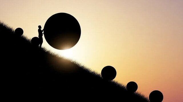 Silhouette of a man pushing a boulder uphill symbolizing effort and persistence