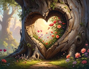 Heart-Shaped Tree Opening with Flowers and Scenic Forest Landscape