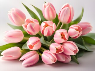 beautiful pink and white tulip flowers on a light background.
