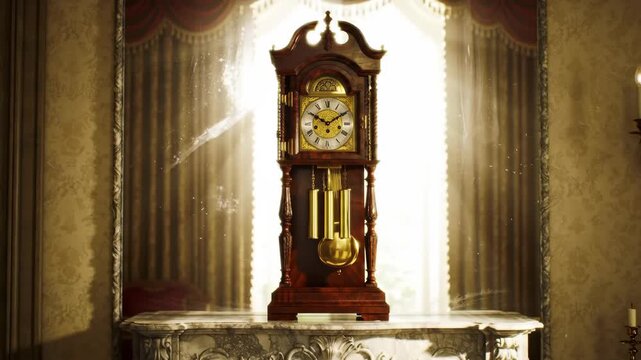 A grand antique grandfather clock stands majestically in a well-lit room, casting a warm glow