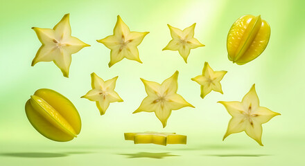 Star Fruit Still Life Fresh Yellow Carambola Fruits in Various Angles.