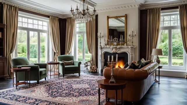 Classic Living Room with Fireplace, Leather Sofa, and Garden View Creates a Warm and Cozy Atmosphere