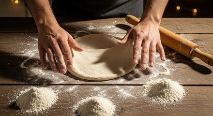 Hands Stretching Dough on a Rustic Wooden Table with Flour Piles