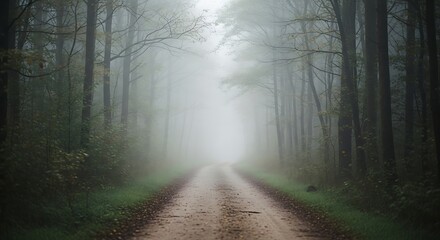 Obraz premium Dirt road through a misty forest with tall trees and green foliage path