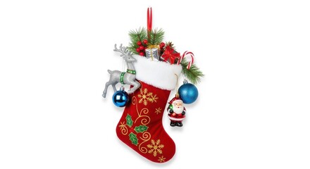 Festive Christmas Stocking Filled with Gifts and Decorations on White Backdrop