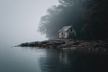Misty woodland cabin by a lake