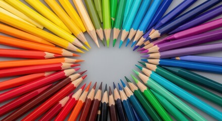 Fototapeta premium Rainbow of colored pencils in a circle with space for text in the middle