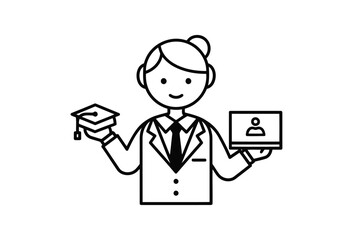 Vector illustration of graduate holding cap and laptop with person icon