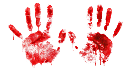 Set of two bloody handprints, isolated on transparent cutout background