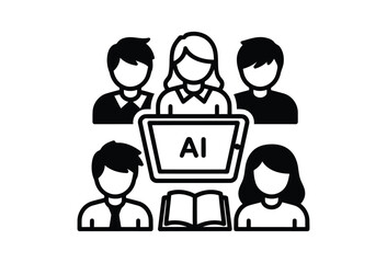 Vector illustration of group of people interacting with ai technology icon