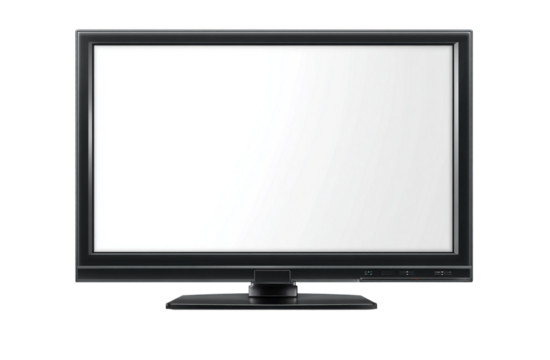 Modern black television isolated on transparent background, blank screen display