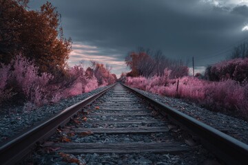 Railroad tracks leading into a colorful, dramatic sunset