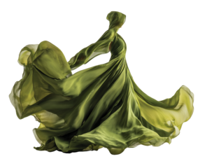 Woman in flowing green dress dancing isolated on transparent background