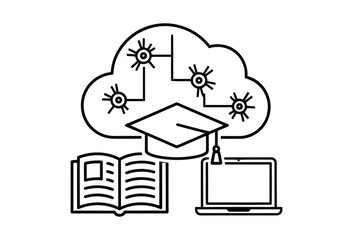 Vector illustration of ai and education concept with cloud, book, laptop, and graduation cap