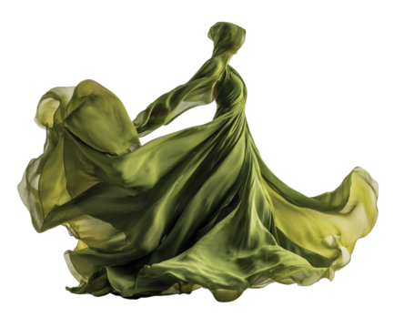 Woman in flowing green dress dancing isolated on transparent background