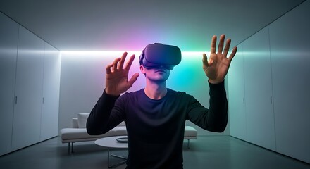 Man wearing virtual reality headset interacting with futuristic digital world VR headset technology