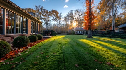 Fototapeta premium Autumn Sunlight Illuminating Green Backyard Lawn