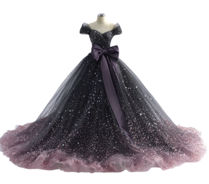 Elegant black and purple ombre ball gown isolated on transparent background, fashion