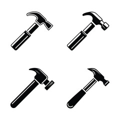 Four Black Hammer Icons Isolated on White Background tool construction
