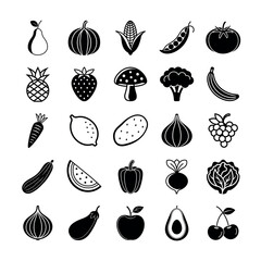 Fruit and Vegetable Icon Vector Illustration – Fresh Produce Symbol Set for Food and Organic Design
