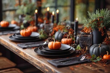 Elegant autumn table setting with pumpkins and candles in cozy dining room. Halloween dining table, concept of spooky holiday celebration, concept of fall dining