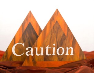 Two stylized pyramids with caution text, on a red fabric background