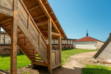 Wooden staircase leading to the wall of the Kirillo-Belozersky Monastery (Russia)