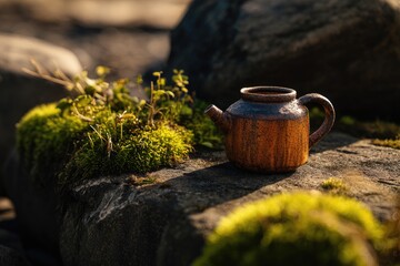 Rustic pottery kettle on rocks