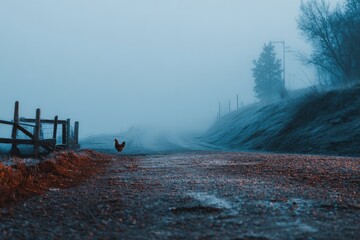 Misty morning country road with a chicken