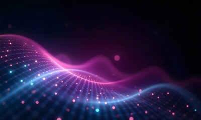 Fototapeta premium Abstract purple and blue glowing wave with a grid pattern, light background with light spots, futuristic and technological feel